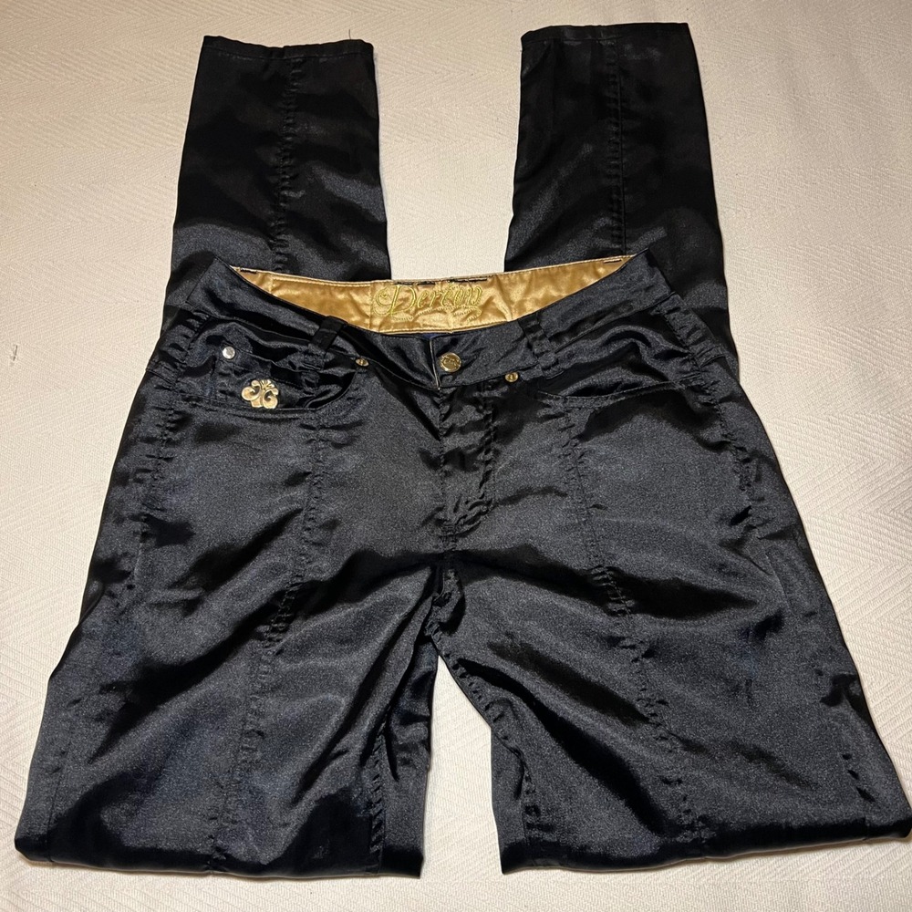 Vintage House of Dereon Black Satin Pants Y2K Gold Embroidery Trousers Size 5/6
